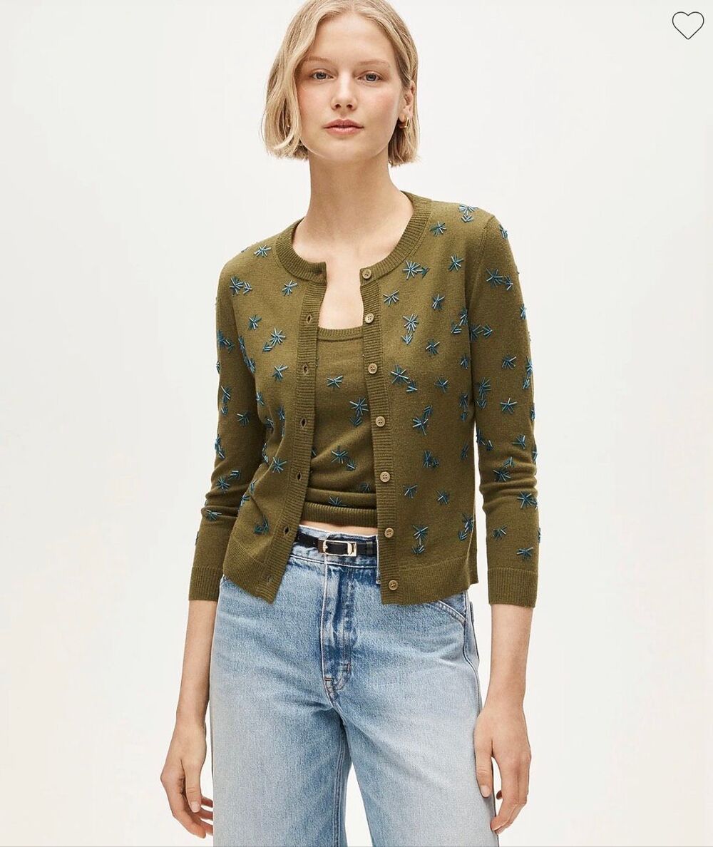 J. Crew Collection crewneck cardigan in merino wool with embellishments Olive NW